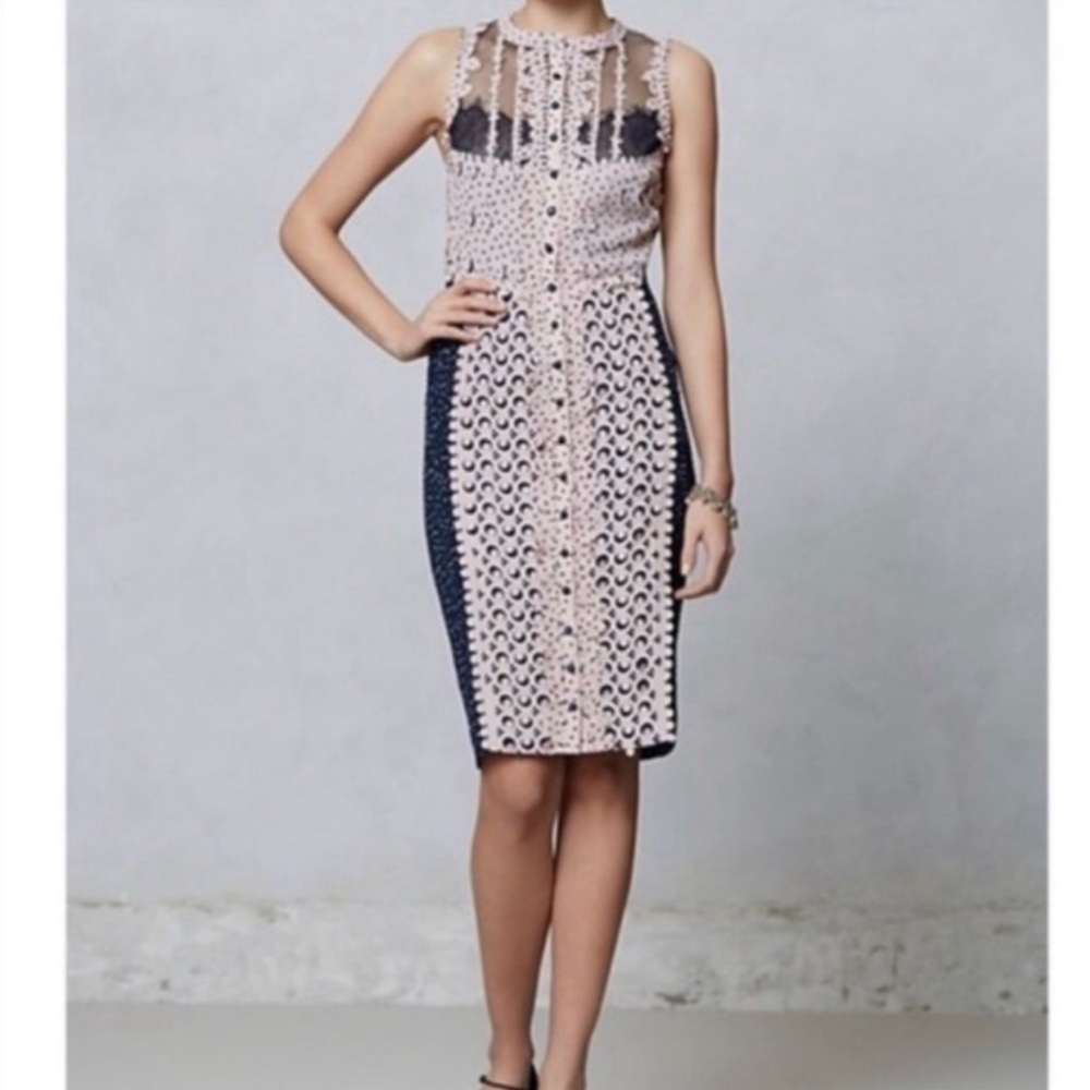 Anthropologie Beguile Byron Lars Laser Cut Midi Black Cream Sheath Dress ~ Sz 6 - Picture 2 of 16
